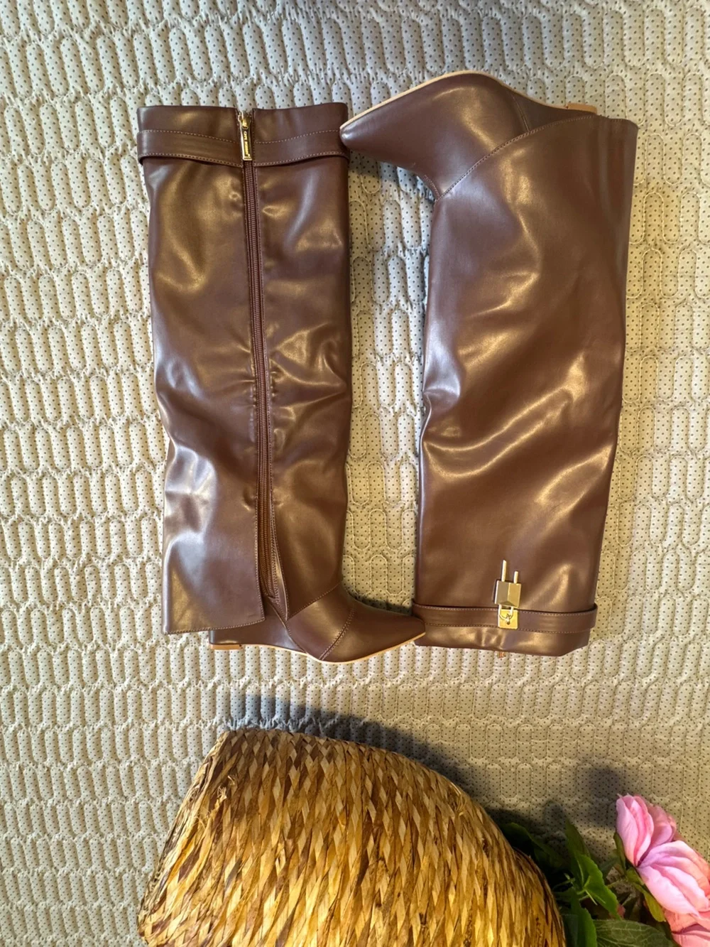 Cape Robbin Leather Knee High Boots Brown Gold Hardware Designer Style